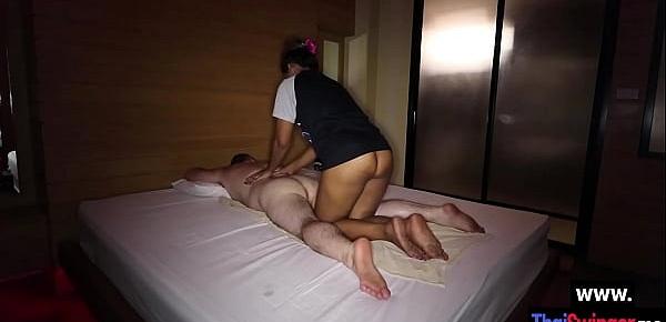  Big tits Asian teen Fon massage big cock guy before she sucked his oiled dick